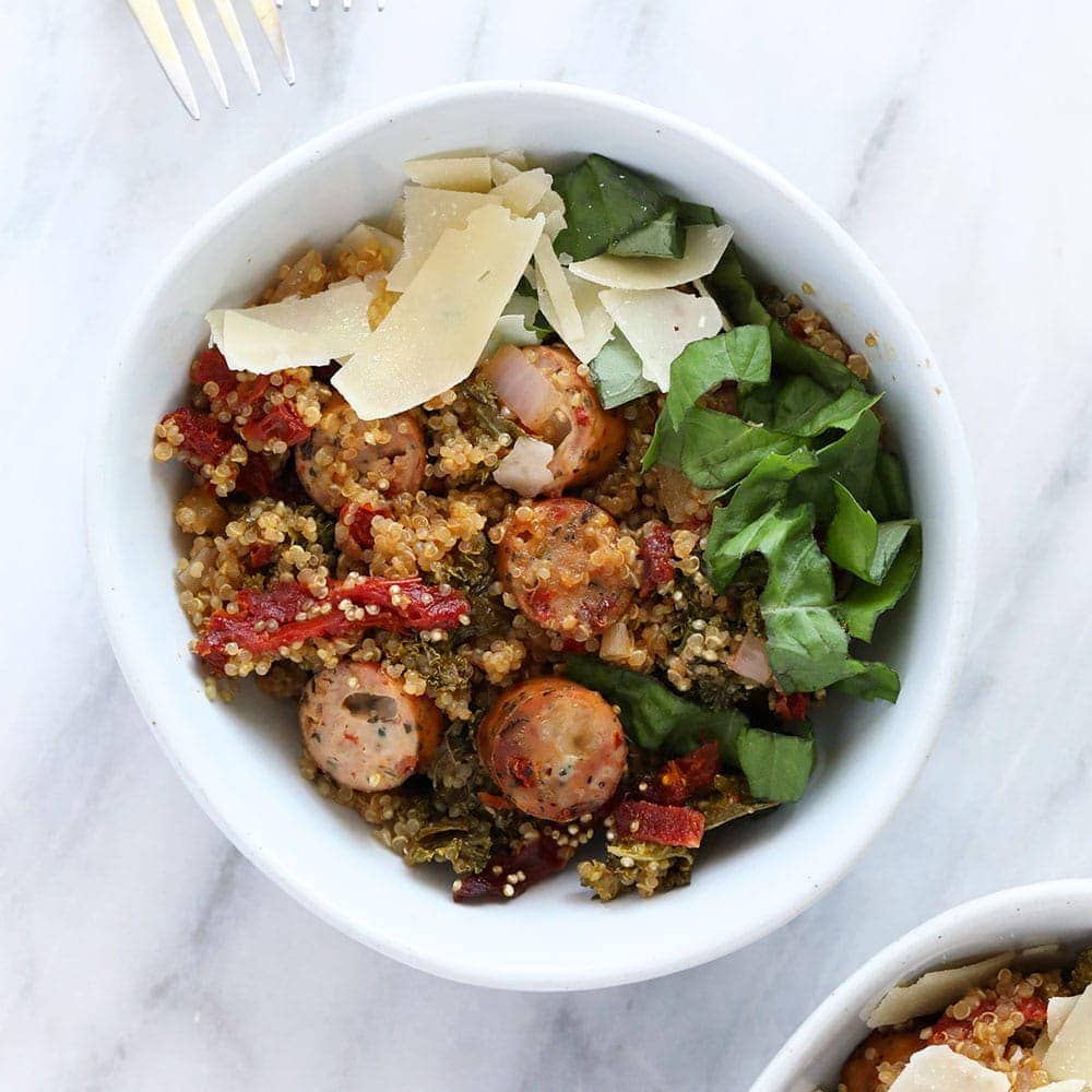 Minute Sun Dried Tomato Kale Chicken Sausage Quinoa Bake
